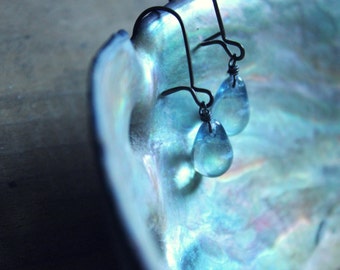 Seaspray. Pale Water Blue Czech Glass and Antiqued Brass Earrings.