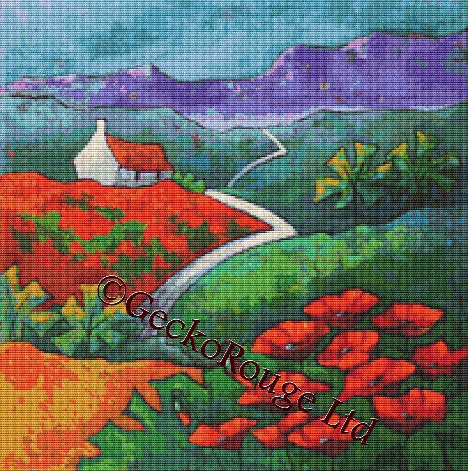 Cross stitch modern art by Gillian Mowbray 'Poppy