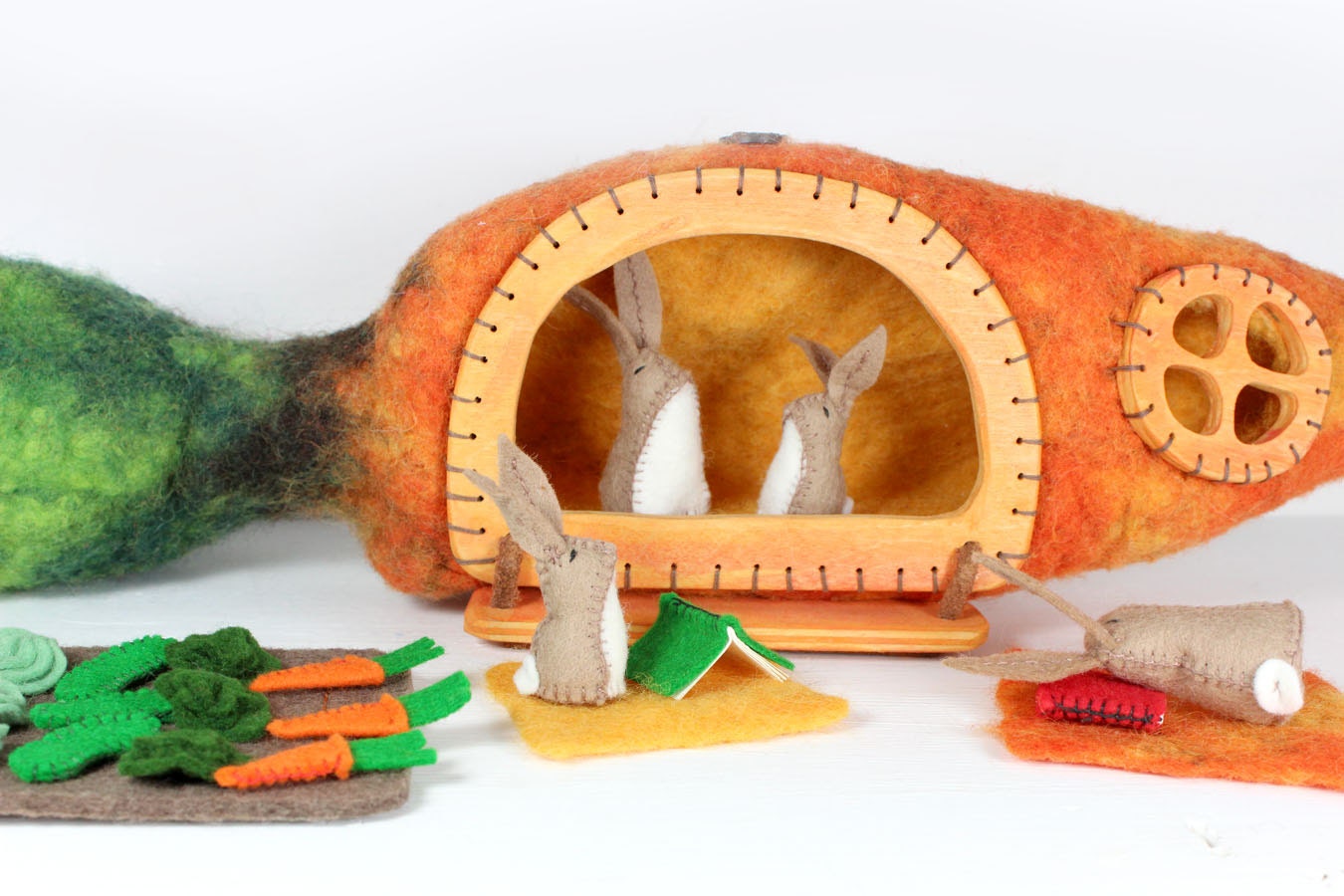 Carrot House and Rabbits Felt Play Set with Vegetables