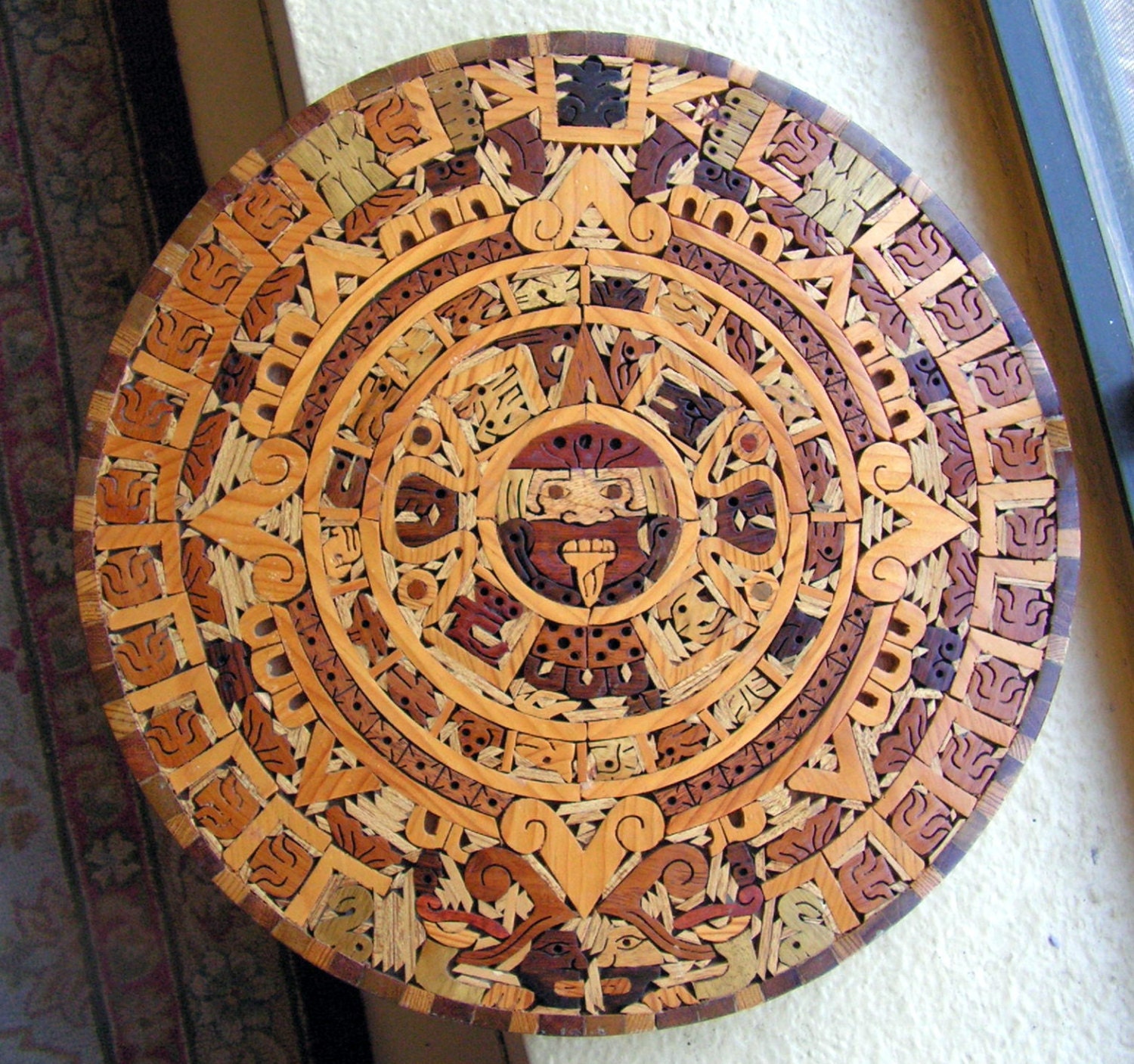 Vintage Aztec Sunstone Calendar Plaque / Carved Wood Marquetry
