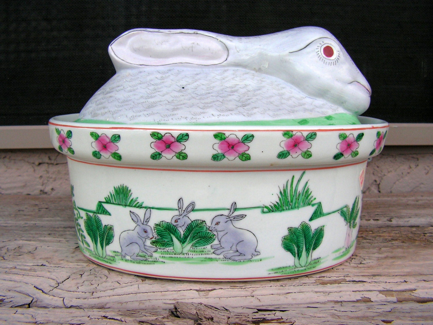 Vintage Ceramic Bunny Rabbit Lidded Dish Hand Painted Art