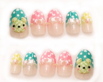 Melonpan, pop kei, fairy kei, pastel nails, 3D nails, false nails, press on nails, oval nails, polka dot nail, star nail, cute nails, ongles