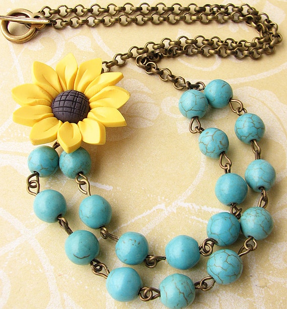 Sunflower Jewelry Sunflower Necklace Beaded Necklace Turquoise