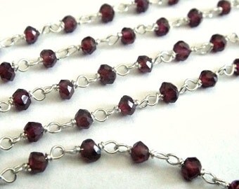 Garnet Rosary Chain, 925 Sterling Silver Chain, 1 Ft, High Quality 3-3.5mm Wire Wrapped Beads, Brides, Wholesale Chain