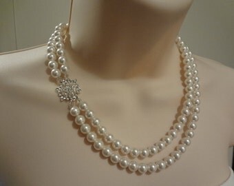 Wedding Necklace Bridal Pearl Necklace, Vintage Style Necklace, 2 strand Necklace, Rhinestone and Pearl Necklace. Marie, PN005