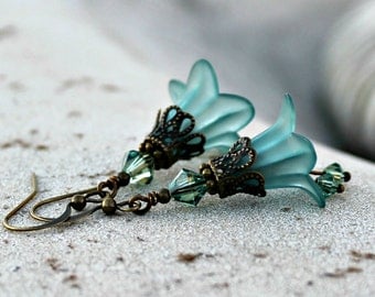 Frosted Teal Lucite Flower Earrings, Bohemian, Swarovski Crystal Dangles, Antique Brass, Dangle Flower Earrings, Gift for Her