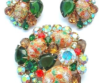 Vintage Juliana Jewelry Set Emerald Green and Orange Glass Easter Egg Rhinestone Statement Jewelry