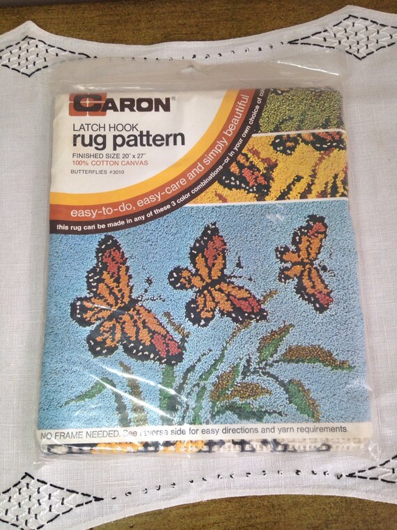 Vintage Latch Hook Rug BUTTERFLIES Canvas Kit Caron Wall