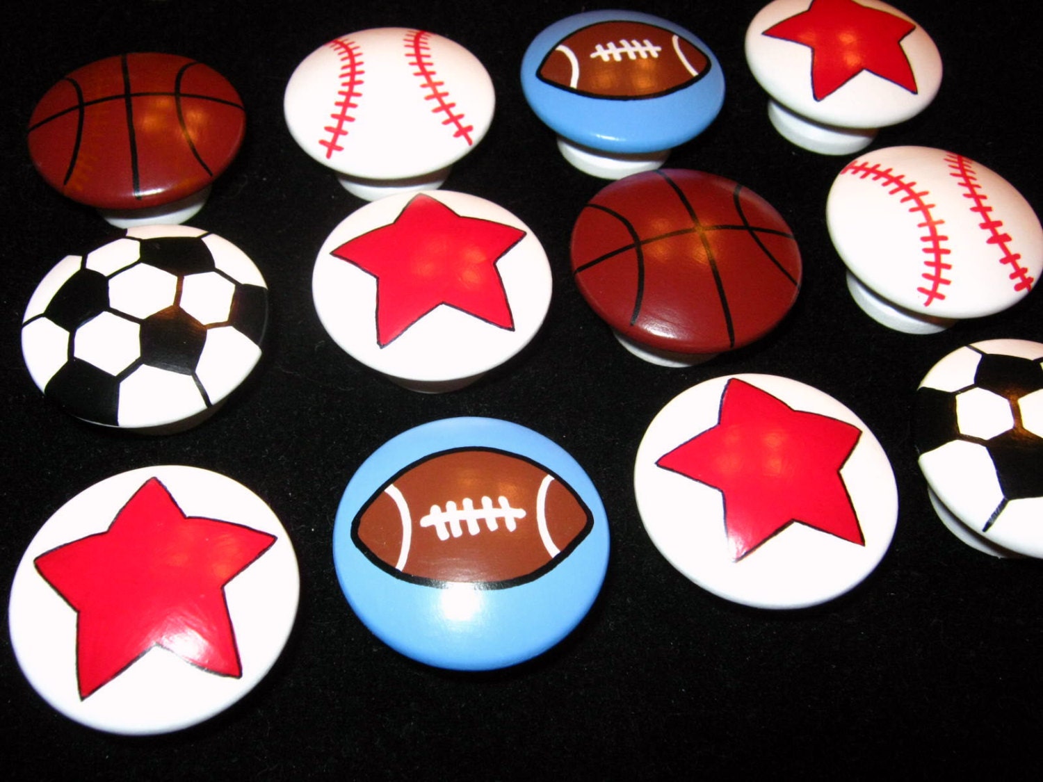 Set of 12 Knobs SPORTS BALLS STARS 1 1/2 knobs