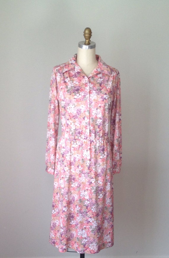 Pink Floral Vintage 80s Shirt Dress with Long Sleeves