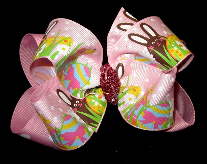 Chocolate Easter Bunny Double Layered Hair Bow Spikey Lush Boutique Princess Big Hairbow Glitter Sparkle Spring Pink Egg