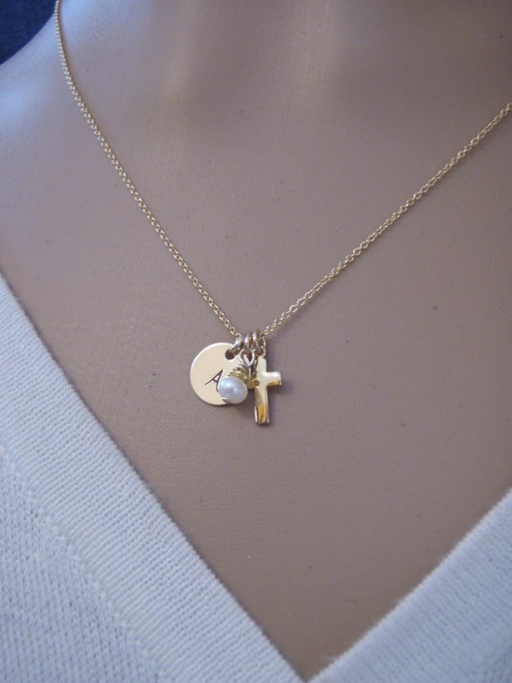 Girl's dainty cross and initial necklace by filigreepheasant