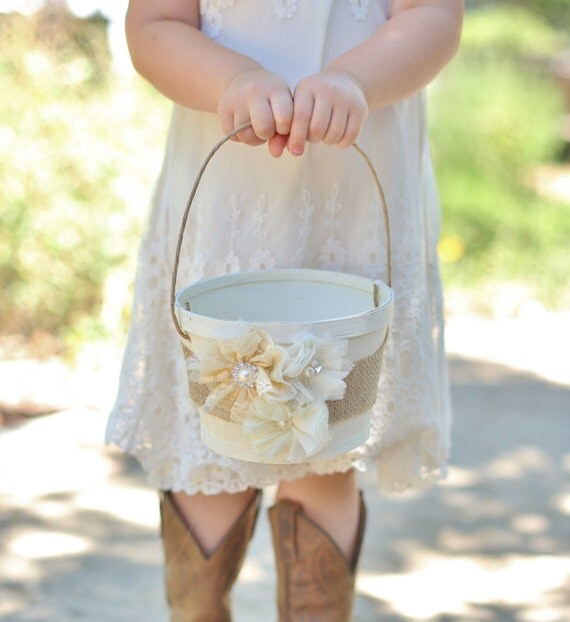 Rustic Flower Girl Basket Vintage Inspired Wedding Burlap Lace Rosettes Pearls (Item Number MHD20001) by braggingbags