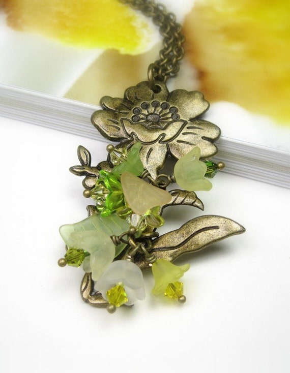 Flower Necklace, Green, Yellow, Botanical, Woodland, Floral, Olivine, Romantic Jewelry, Womens Accessories, Swarovski, Gifts for Gardeners
