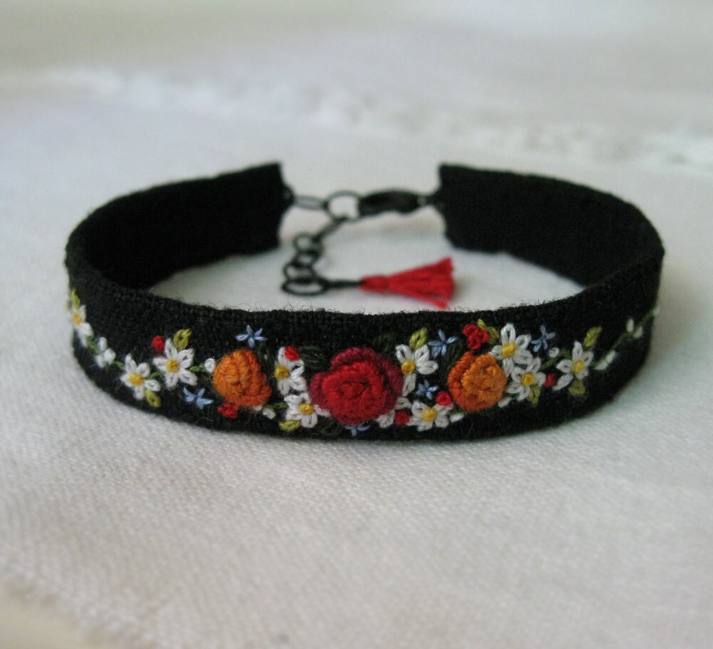 Floral Embroidered Cuff Bracelet textile fiber art cuff