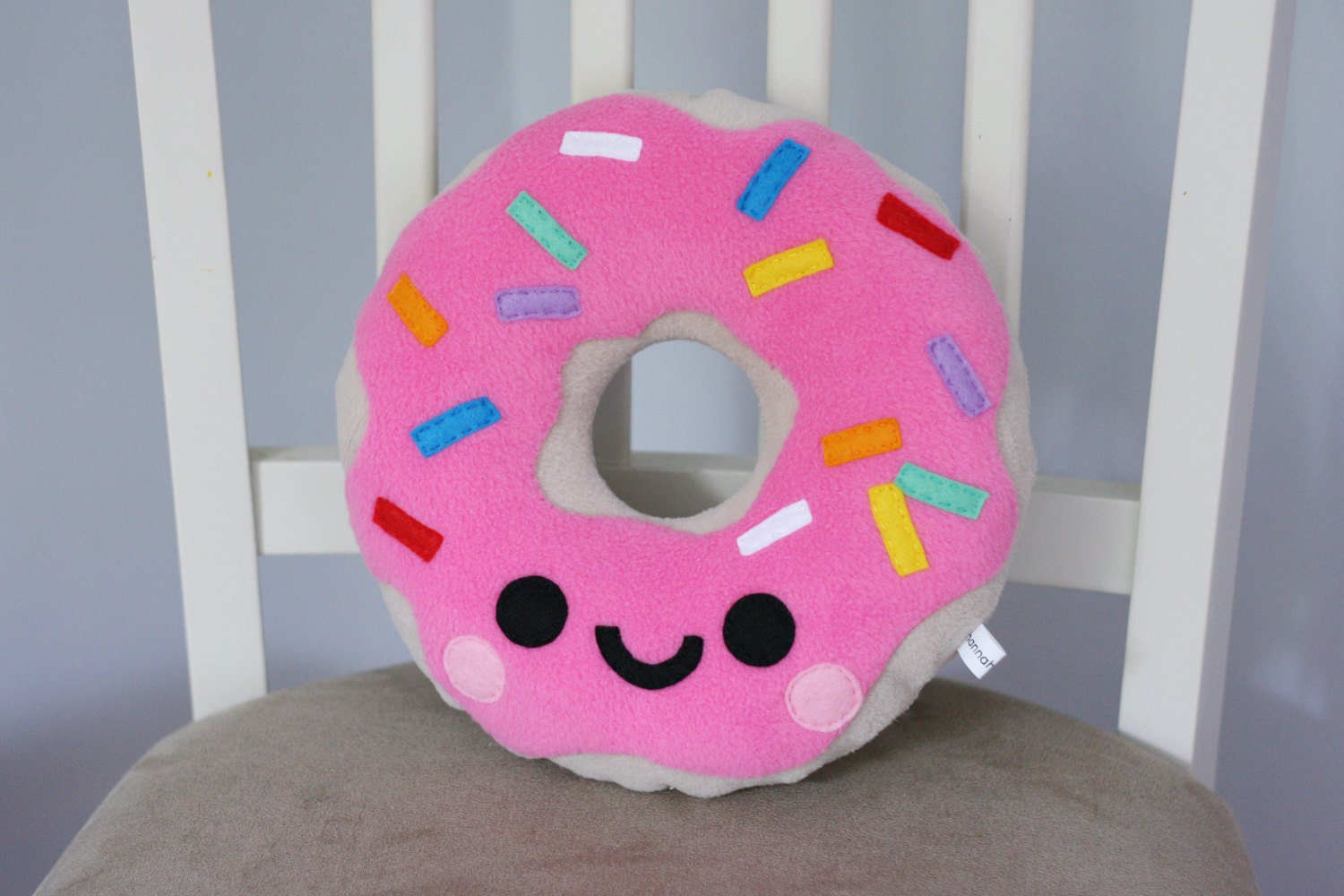 Pink Strawberry Happy Doughnut Fleece Plush Pillow / Kawaii