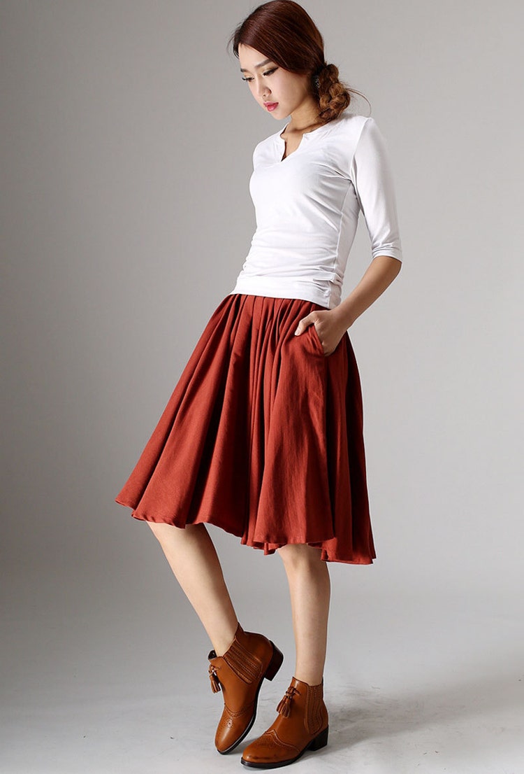 Red skirt Midi Skirt linen skirt pleated skirt pocket by xiaolizi