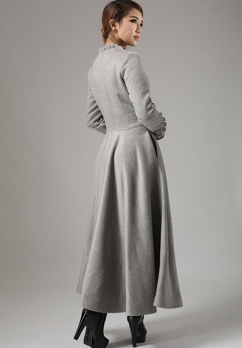 grey wool coat long trench coat button coat with ruffle
