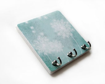 Teal Blowing Dandelion Key Rack, Key Hook Hanger, Wall Hooks, Jewelry Hooks Blue Green Home Decor, Key Holder