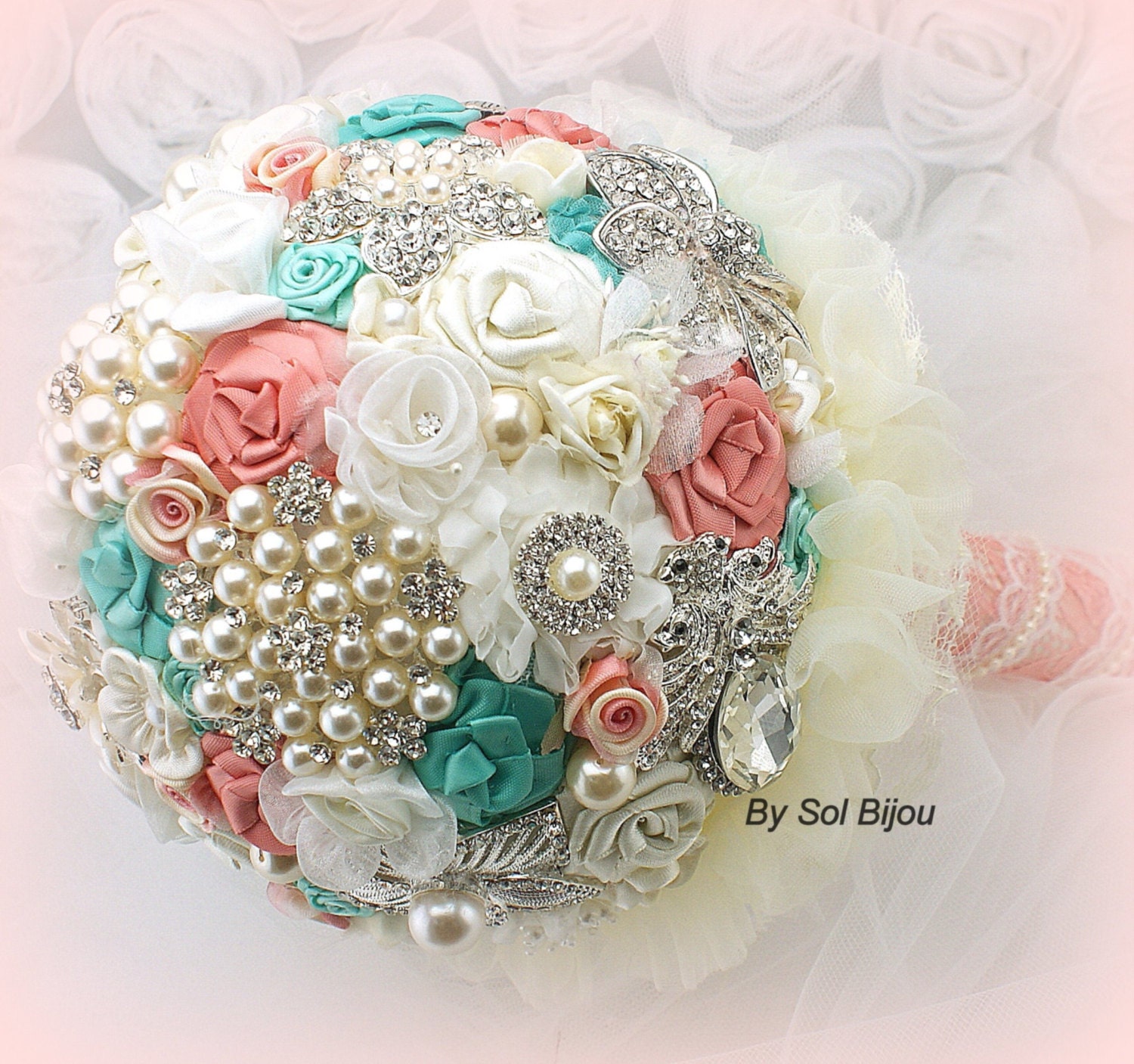 Brooch Bouquet Bridal Bouquet Fabric Bouquet in Ivory, Coral and Tiffany Blue or Mermaid with Lace and Pearls