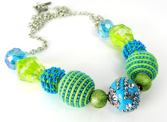 Aqua Blue Lime Green Beads Mixed Colors Chunky Bracelet Kit