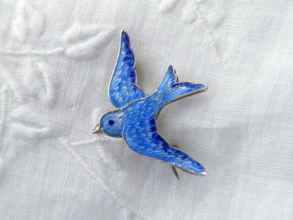 Victorian Bluebird Brooch / Blue Enamel & Sterling Silver