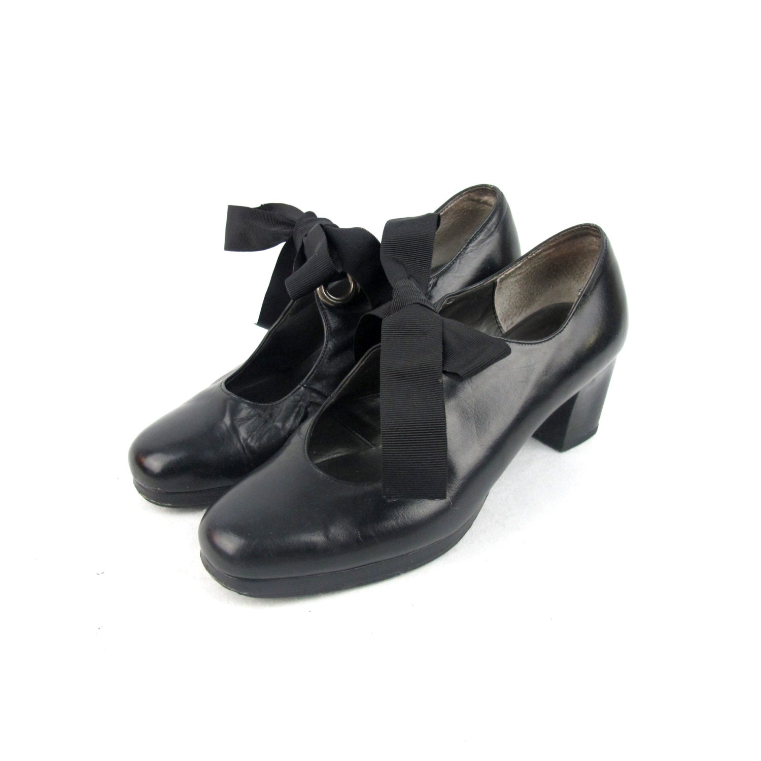 80s 90s Black Mary Jane Heels Leather Ribbon Bow Heels Cut Out
