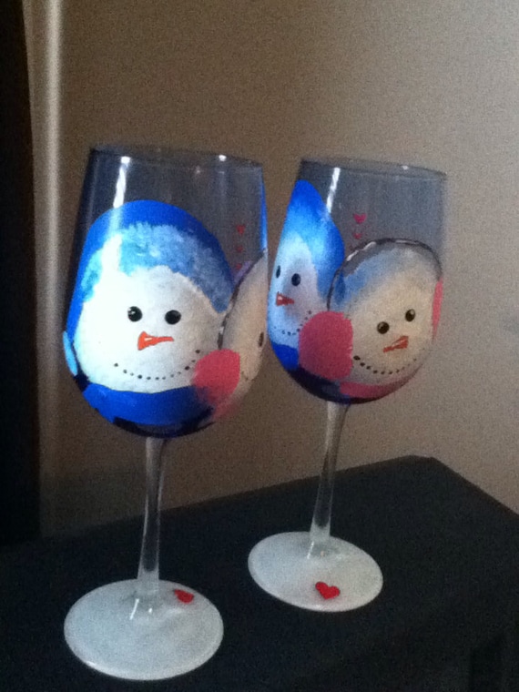 Handpainted Pair Of Snowman Wine Glasses