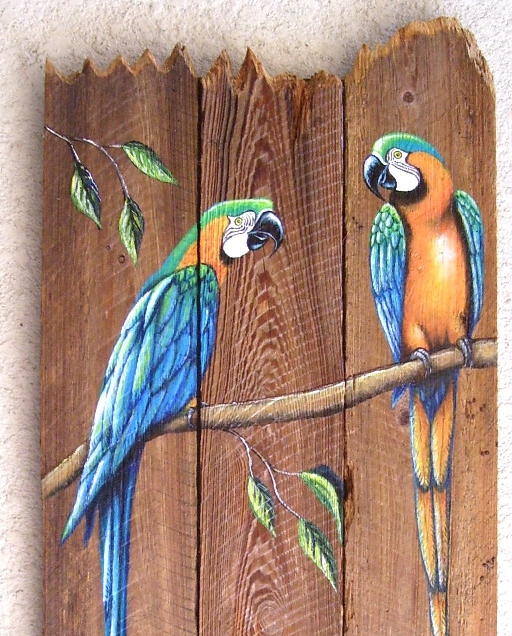 Parrot Pair Hand Painted on Wood Reclaimed Fence Boards