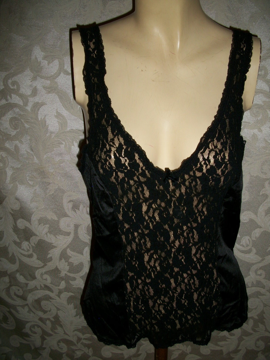 Vintage 70s Black Nylon and Lace Chemise Slip By Warners