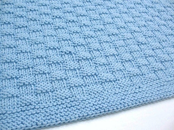 Blue Baby Blanket Hand Knit Basketweave Baby Boy Blanket