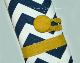 Made to Order Navy Blue and Mustard Yellow Chevron Zig Zag Crochet Hook Case Organzier Sewn in Zipper Pocket Button Closure
