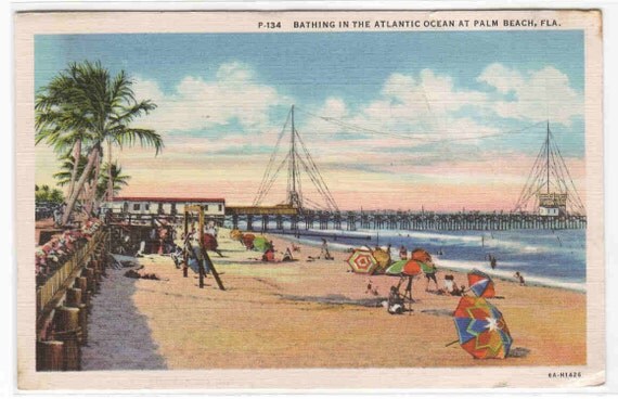 Beach Scene Palm Beach Florida 1940 postcard by ...