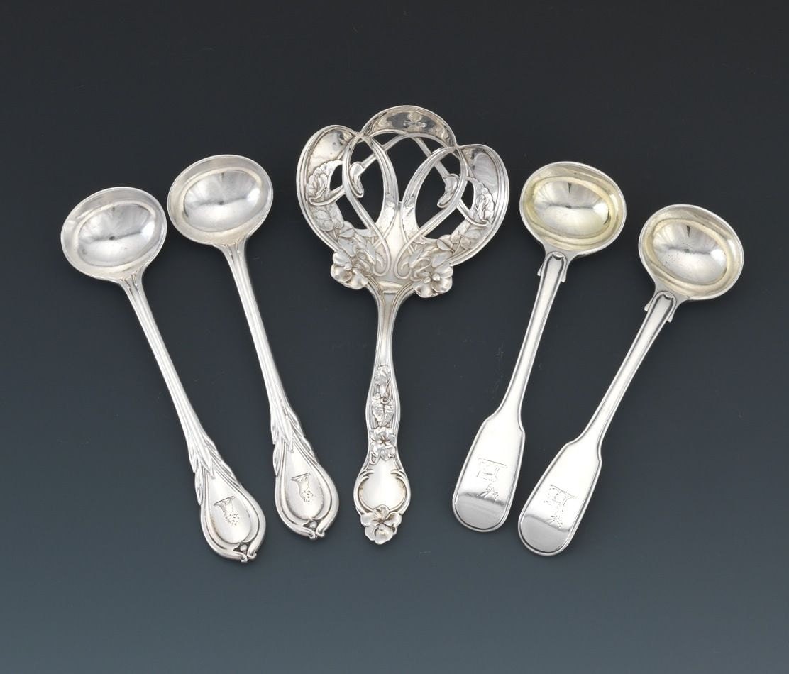 Antique Lot of 5 Sterling Silver Serving Spoons Mustard and Nut, 3.86
