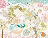 Flower Clip Art - Pink & Teal Floral Digital Graphics - Daisy - Swirl Border ClipArt - Leaves - DIY Baby Shower Invitation Il_170x135