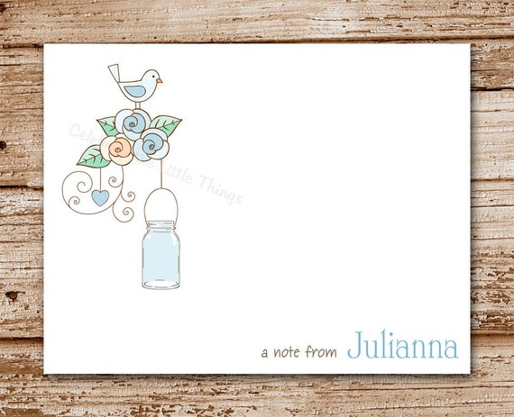 Set of 8 Personalized Note Cards / Flowers, Bird, Mason Jar / Stationery / Thank You Cards Il_570xn