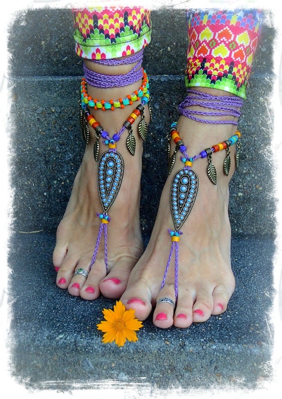 Tribal Indie BAREFOOT Sandals Ankle wrap sandal LEAF Toe Thongs crochet Gypsy Sandals Wanderlust PURPLE Barefoot Wedding bare feet GPyoga