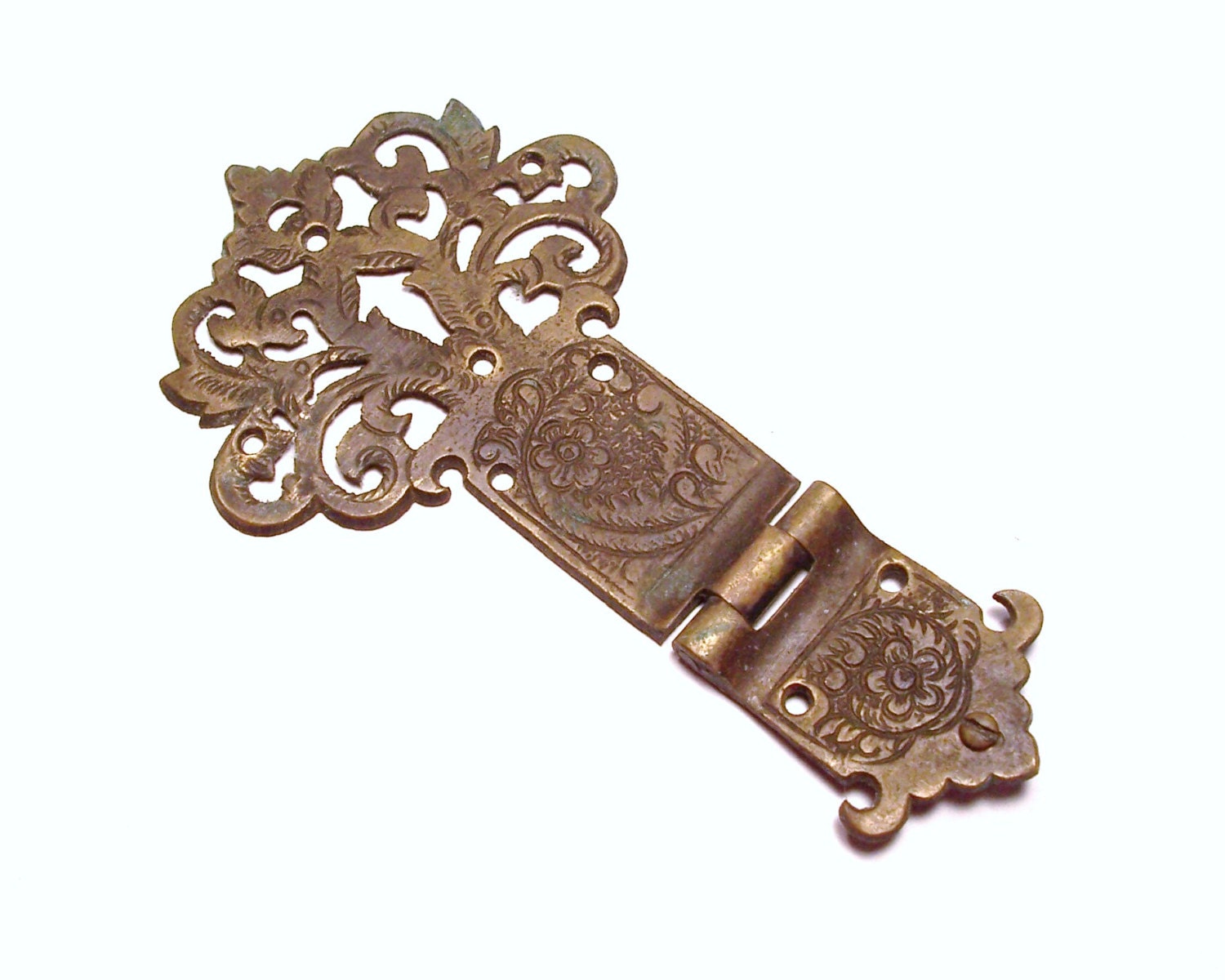 VINTAGE Ornate Hinge BRASS Hinge Huge Salvage Chic Rusty