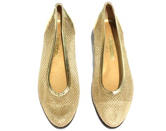 ... Gold Metallic Le atherMesh Fabric Wedge Heel Dress Shoes Sz 9