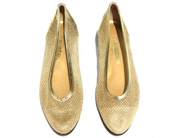 ... Gold Metallic Le atherMesh Fabric Wedge Heel Dress Shoes Sz 9