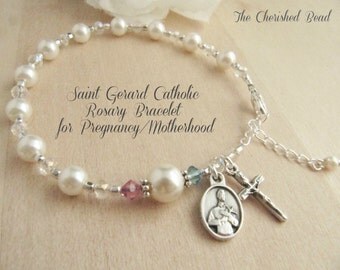Saint Gerard Catholic Rosary Bracelet - Patron Saint of Motherhood and Safe Pregnancy - Swarovski Pearl & Crystal