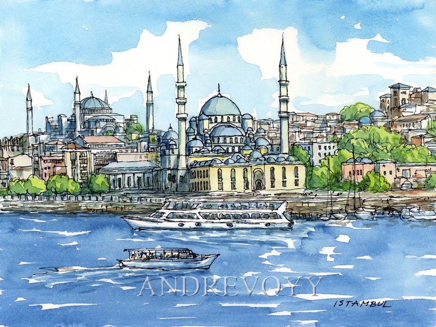 Istanbul Mosques Turkey art print of the original watercolor