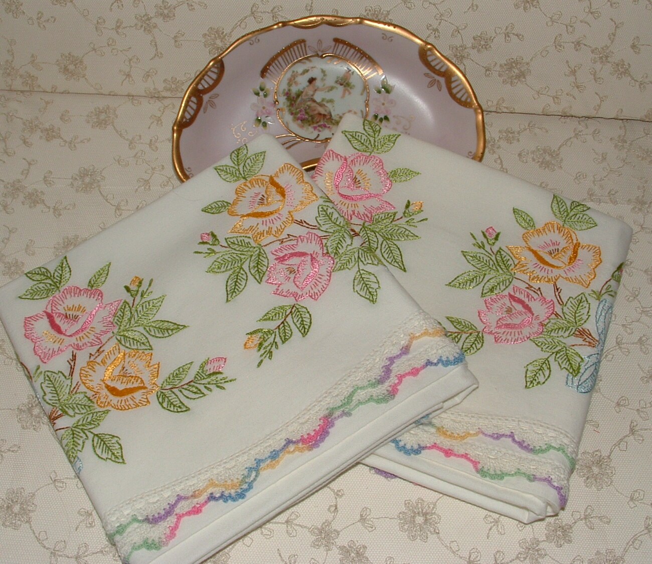 2 Vintage Silk Hand Embroidered Pillowcases Pastel Flowers
