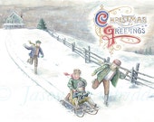 Sledding Fine Art Greeting Card by Jason Gianfriddo - Christmas card - Four children sledding and playing in the snow victorian winter scene
