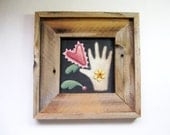 Folk Art Primitive Heart and Hand Design, Framed in Rustic Barn Wood, Tole Painted Design,Handcrafted Barn Wood Frame,Pink Heart,White Glove