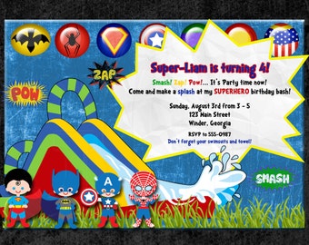 Super Hero Invitation Birthday, waterslide or Pool Party -Digital File