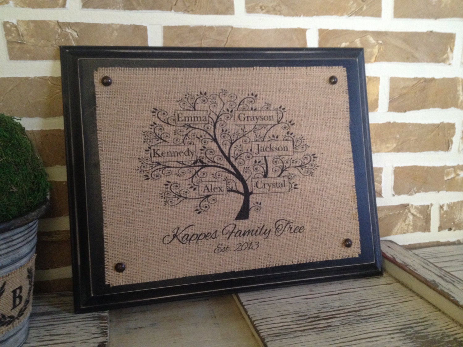 Family Tree Burlap Wall Hanging with Distressed Wood