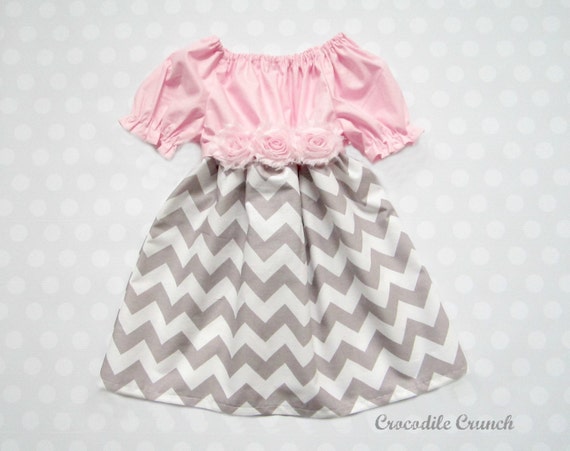 Baby Girl Pink and Gray Chevron Dress, Flower Belt Dress, Chevron Flower Girl Dress