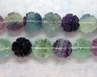 Genuine Rainbow Fluorite Carved Flower Beads - 16 Inch Strand