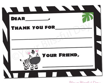 PRINTABLE Zebra Fill-in-the-Blank Thank You Cards #599